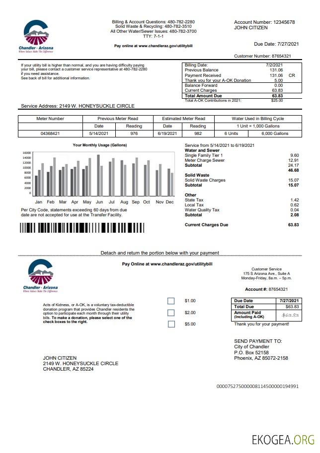 USA Arizona Chandler Utilities bill template in Word and PDF format